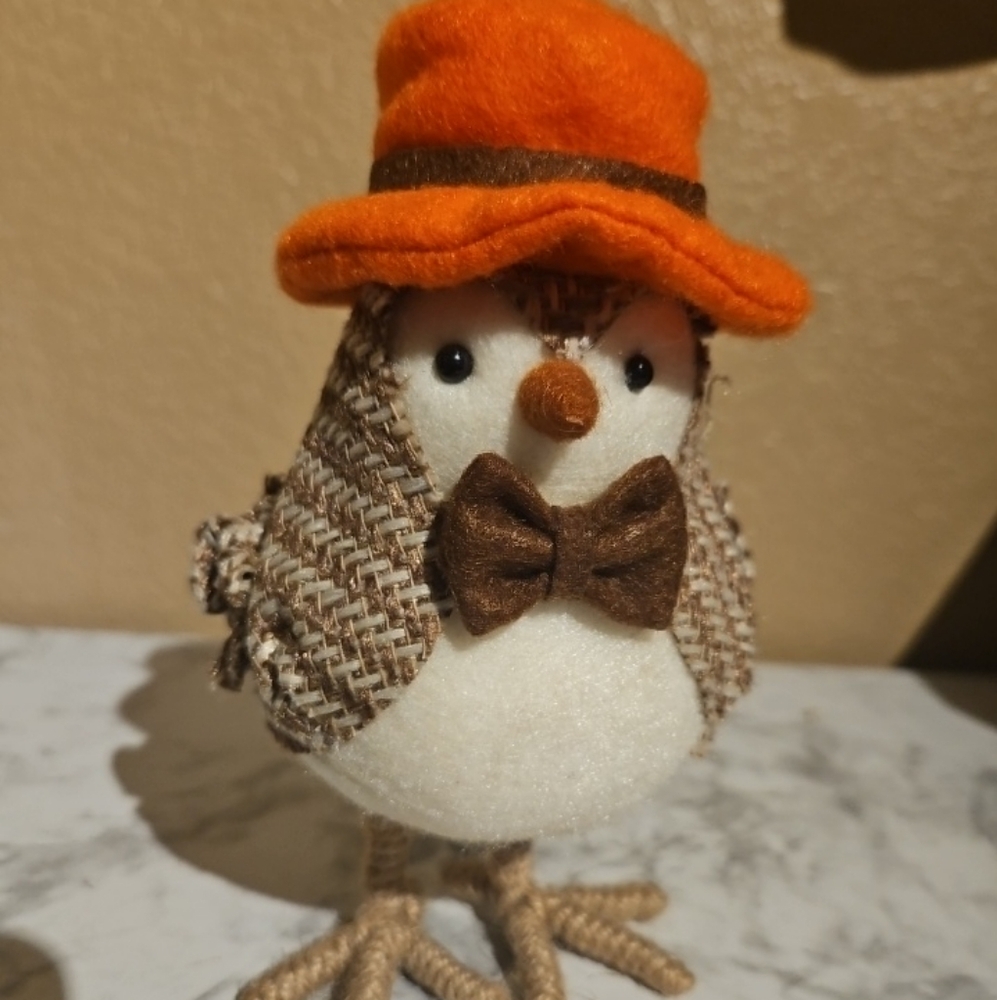 FABRIC Bird Figure Tweed Coat Orange Top Hat Brown Tie Autumn Fall 7” No Tags